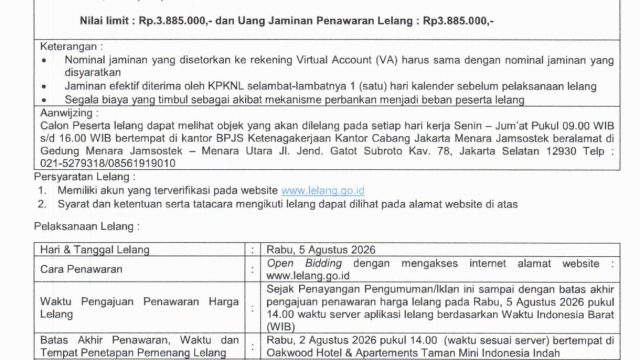 Pengumuman Lelang BPJS Ketenagakerjaan Kantor Cabang Jakarta Menara Jamsostek