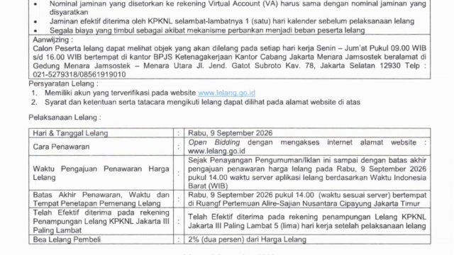 Pengumuman Lelang BPJS Ketenagakerjaan Cabang Jakarta Menara Jamsostek